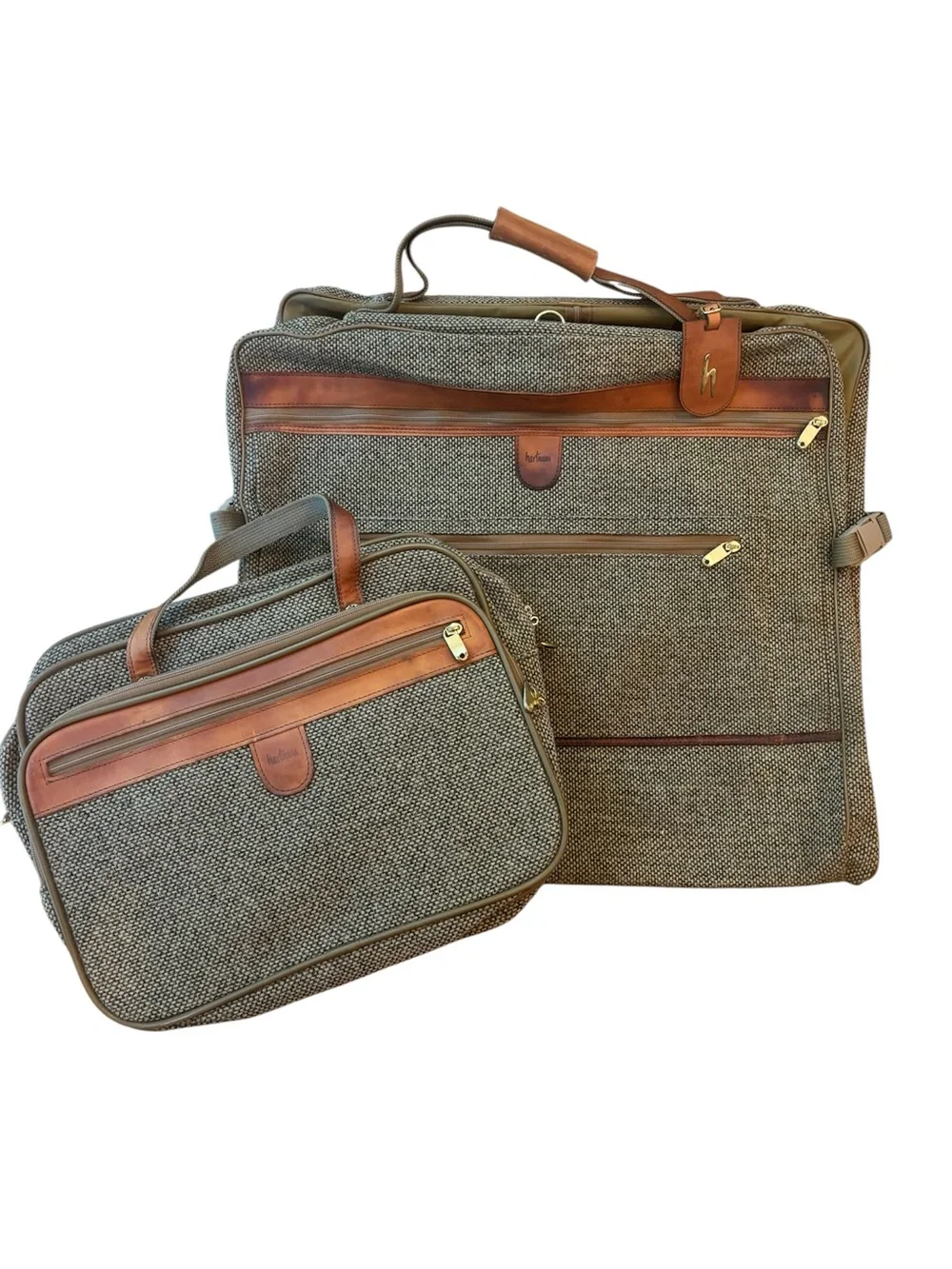 Vtg Hartmann Luggage Set Tweed Leather Carry On Travel Bags